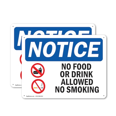 Signmission No Food Or Drink Allowed No Smoking OSHA Notice Sign, Plastic, 10in W x 7in L, 2PK OS-2PACK-NS-P-710-L-14576